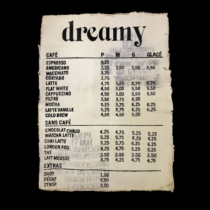 menu pour le café dreamy